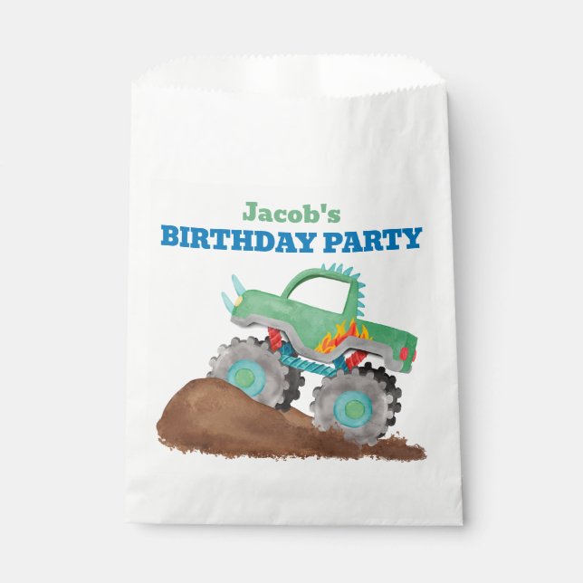 Green Monster Truck Birthday Party Watercolor Favour Bags (Front)