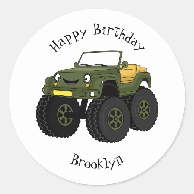Green monster truck cartoon illustration classic round sticker (Front)