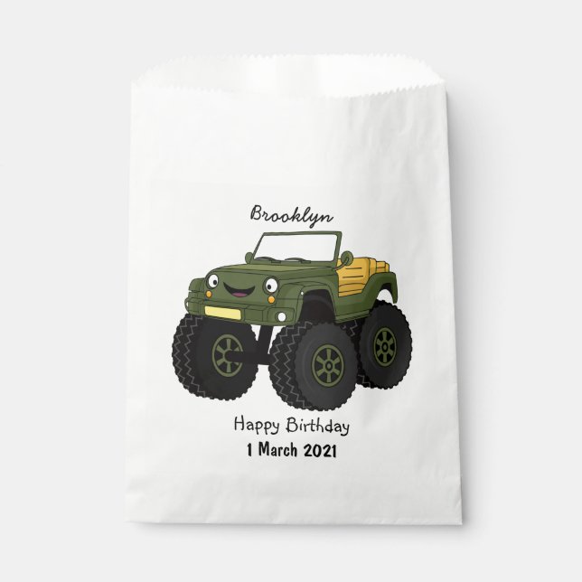 Green monster truck cartoon illustration favour bags (Front)