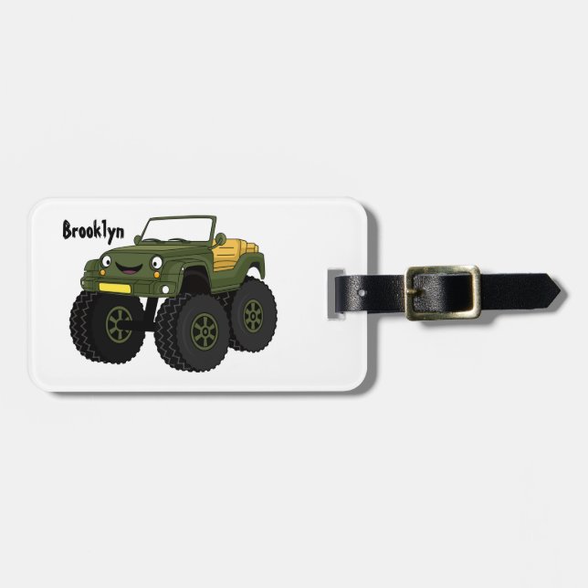 Green monster truck cartoon illustration luggage tag (Front Horizontal)