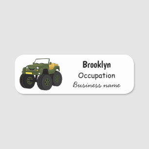 Green monster truck cartoon illustration name tag