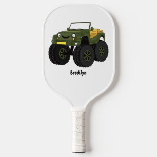 Green monster truck cartoon illustration pickleball paddle