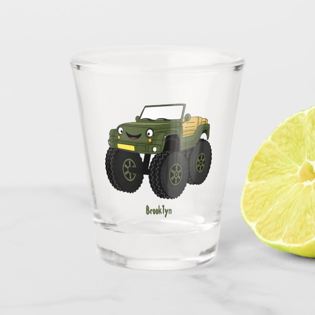 Green monster truck cartoon illustration shot glass (Front)