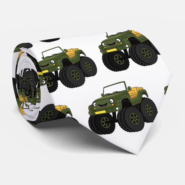 Green monster truck cartoon illustration tie (Rolled)