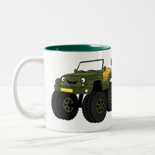 Green monster truck cartoon illustration Two-Tone coffee mug
