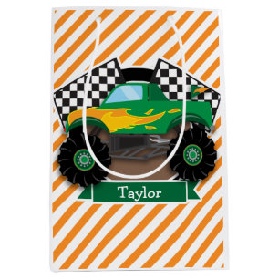 Green Monster Truck, Chequered Flag; Orange Stripe Medium Gift Bag
