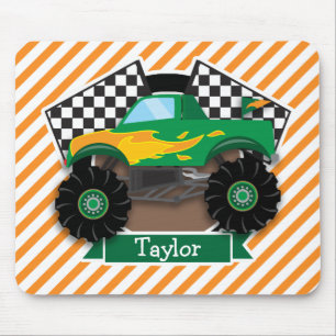 Green Monster Truck, Chequered Flag; Orange Stripe Mouse Pad
