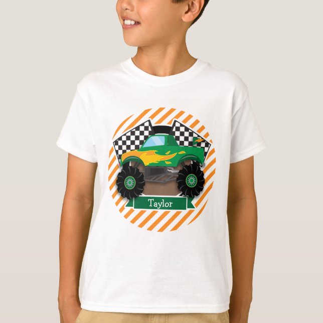 Green Monster Truck, Chequered Flag; Orange Stripe T-Shirt (Front)