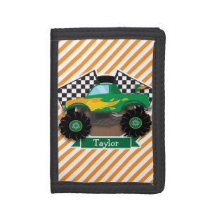 Green Monster Truck, Chequered Flag; Orange Stripe Trifold Wallet
