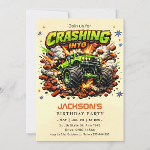 Green Monster Truck "Crashing Into" Birthday Invitation