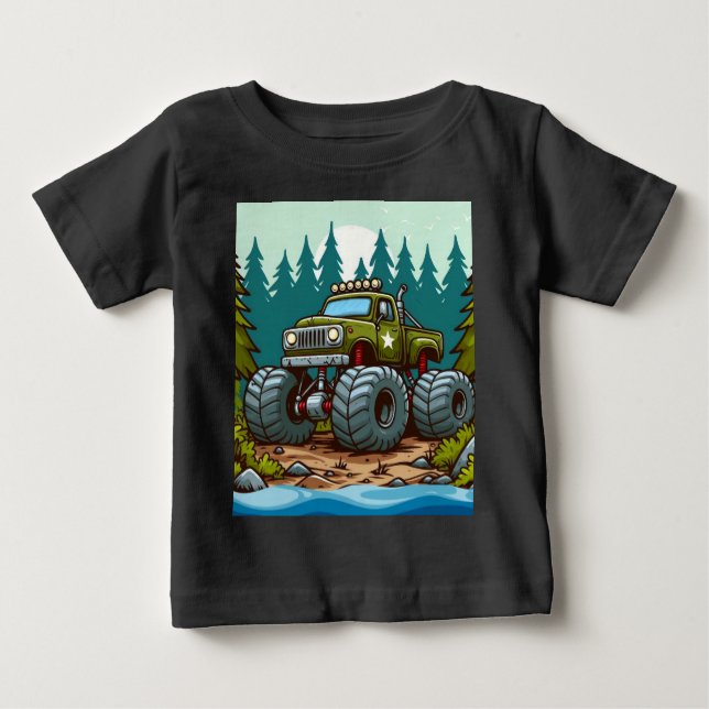 Green Monster Truck in the forest Baby T-Shirt (Front)
