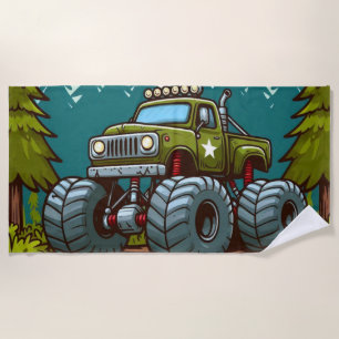 Green Monster Truck in the forest Beach Towel
