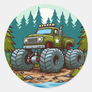 Green Monster Truck in the forest Classic Round Sticker