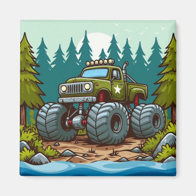 Green Monster Truck in the forest Magnet (Front)
