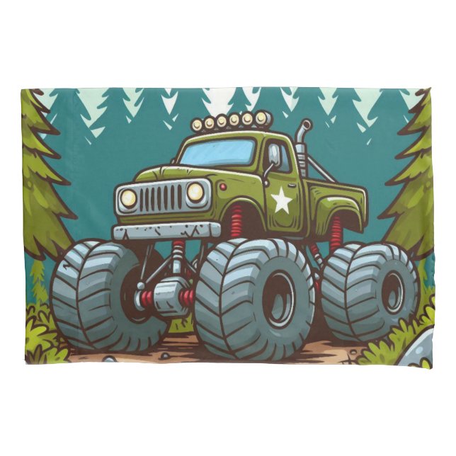 Green Monster Truck in the forest Pillowcase (Front)