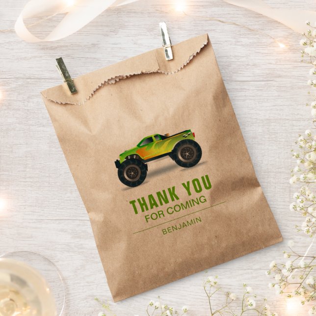 Green Monster Truck Kids Birthday Party Favour Bags (Clipped)