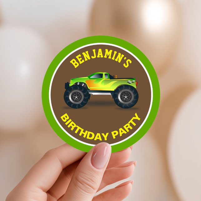 Green Monster Truck Kids Birthday Party Favour Classic Round Sticker (Creator Uploaded)