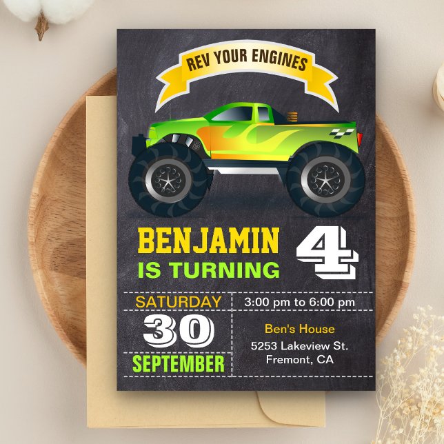 Green Monster Truck Kids Birthday Party Invitation (Creator Uploaded)