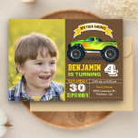 Green Monster Truck Kids Photo Birthday Party Invitation<br><div class="desc">Amaze your guests with this cool birthday party invite featuring a green and yellow monster truck with modern typography against a brown background. Simply add your event details on this easy-to-use template and adorn this card with your child's favourite photo to make it a one-of-a-kind invitation. Flip the card over...</div>