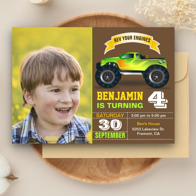 Green Monster Truck Kids Photo Birthday Party Invitation (Creator Uploaded)