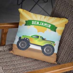 Green Monster Truck Personalized Name Kids Room Cushion