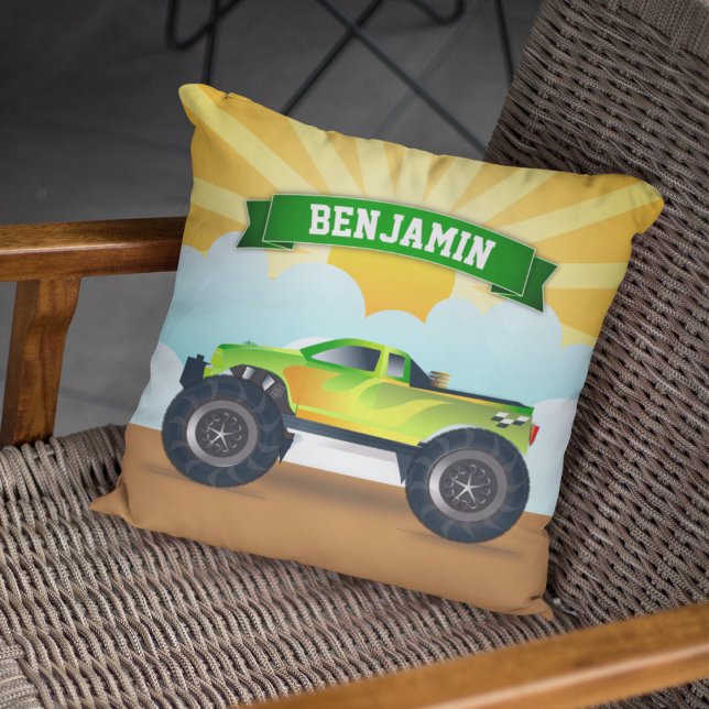 Green Monster Truck Personalized Name Kids Room Cushion (Creator Uploaded)