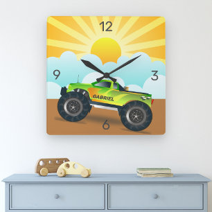 Green Monster Truck Personalized Name Kids Room Square Wall Clock