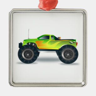 Green Monster Truck with Flames Painted On Side Metal Tree Decoration