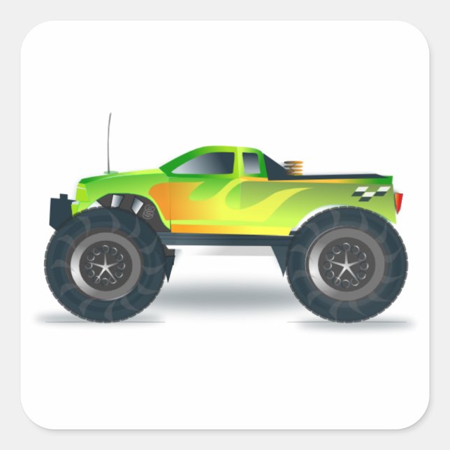Green Monster Truck with Flames Painted On Side Square Sticker (Front)