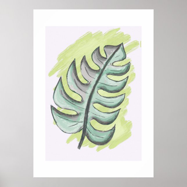 Green Monstera Leaf Hand-Drawn Poster (Front)