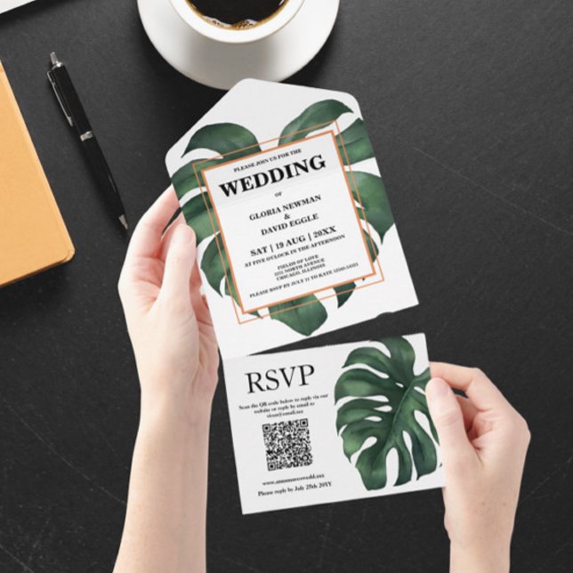 Green Monstera Leaf QR Code All In One Invitation (Creator Uploaded)
