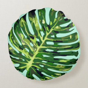 Green Monstera Leaf Round Pillow