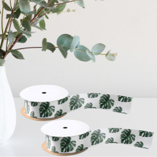 Green Monstera Leaf wedding Ribbon Satin Ribbon