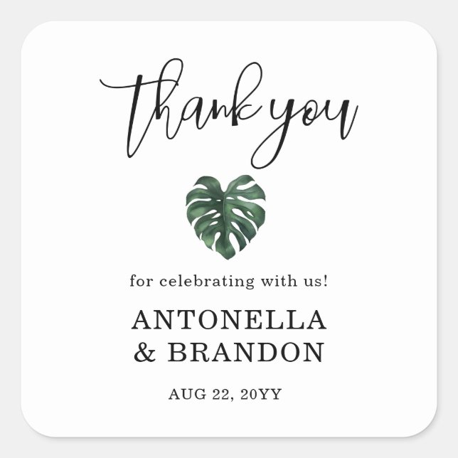 Green Monstera Leaf  Wedding Square Sticker (Front)