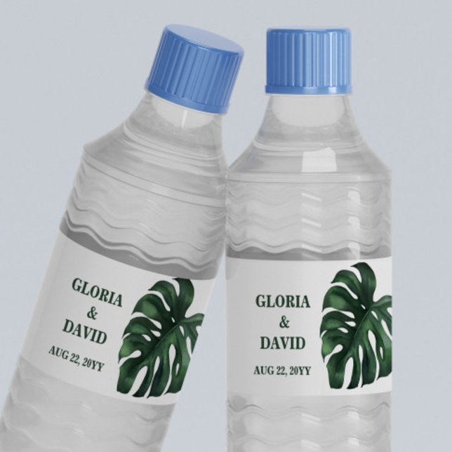 Green Monstera Leaf  Wedding  Water Bottle Label (Creator Uploaded)