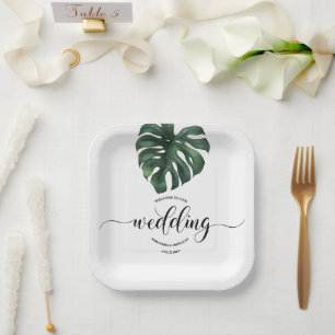 Green Monstera Leaf  Wedding  welcome Paper Plate