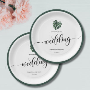 Green Monstera Leaf Wedding welcome Paper Plates