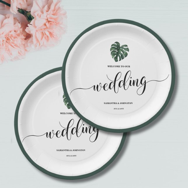 Green Monstera Leaf  Wedding  welcome Paper Plates (Creator Uploaded)