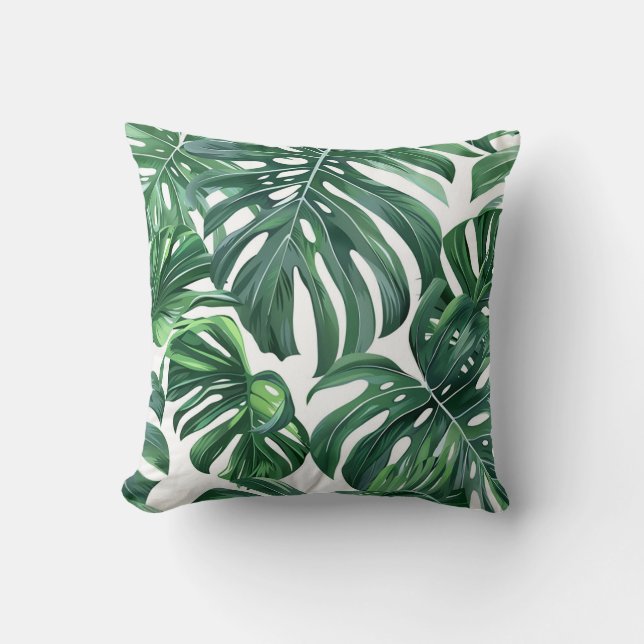 Green monstera leave pattern exotic flora cushion (Front)