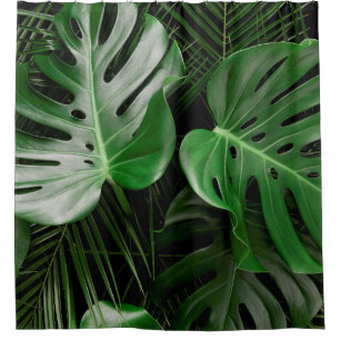 Green monstera leaves and palm leaves shower curtain