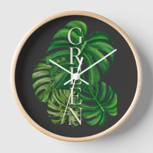 Green Monstera Leaves Clock
