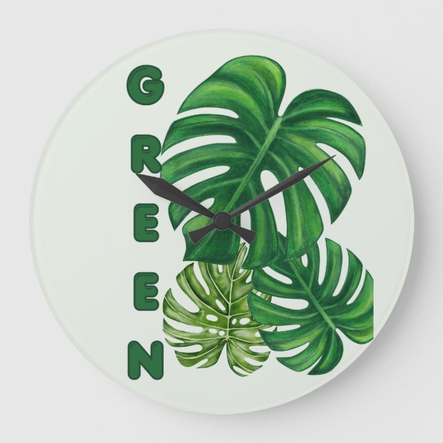 Green Monstera Leaves Large Clock (Front)
