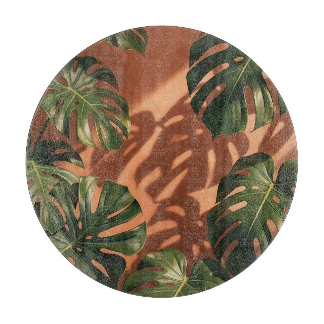 Green Monstera Leaves Terracotta Shadow  Cutting Board (Front)
