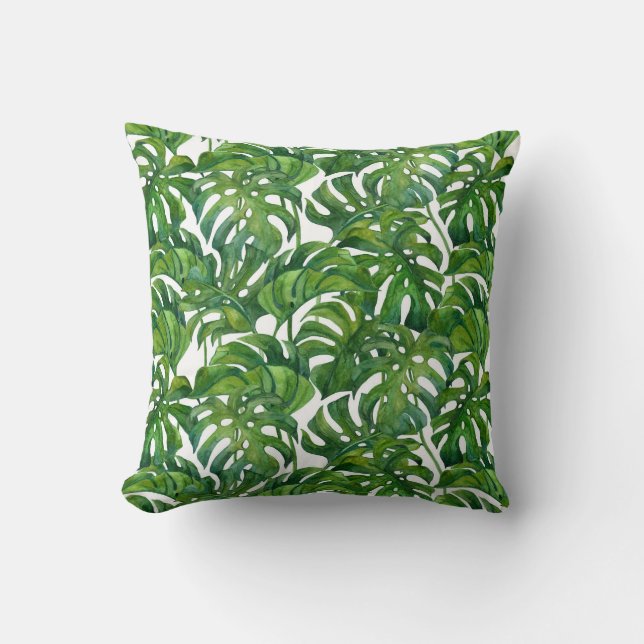 Green Monstera Leaves Tropical Seamless Cushion (Front)