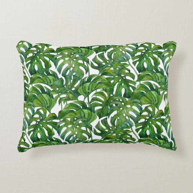 Green Monstera Leaves Tropical Seamless Decorative Cushion (Front)