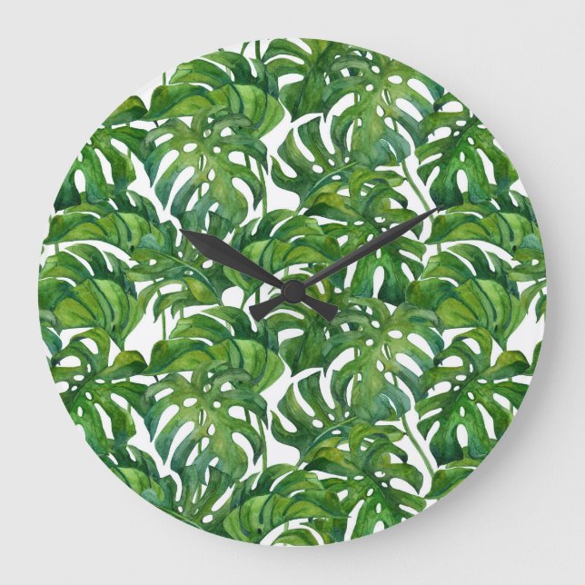 Green Monstera Leaves Tropical Seamless Large Clock (Front)