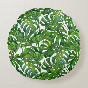 Green Monstera Leaves Tropical Seamless Round Cushion