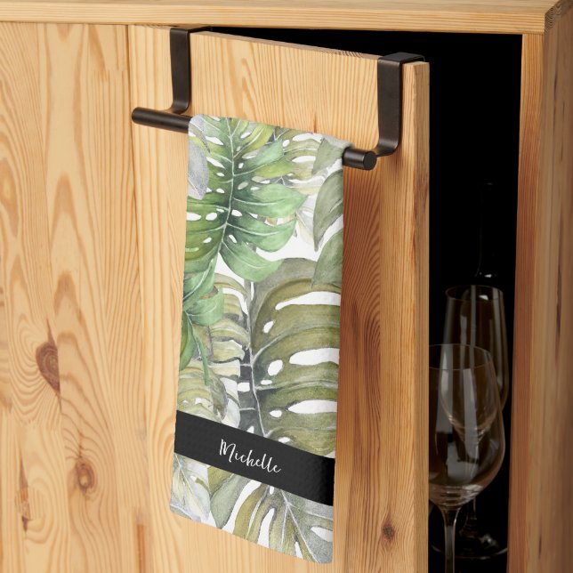 Green Monstera Palm Chef Monogrammed Tea Towel (Thirds Fold)