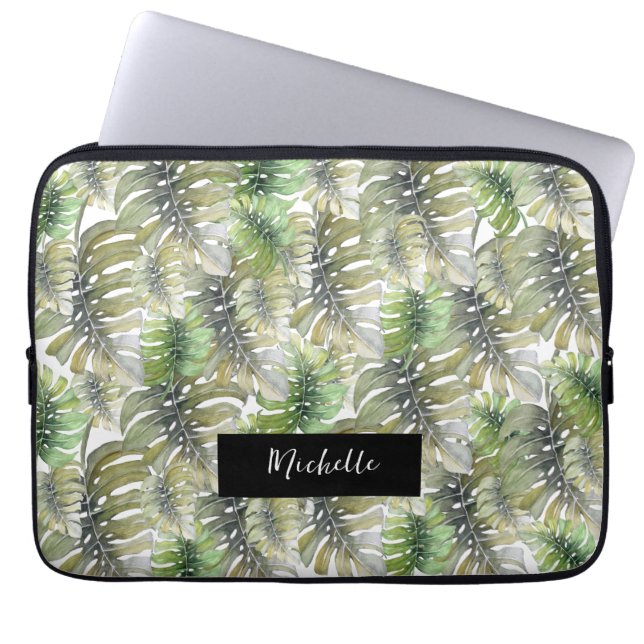 Green Monstera Palm Pastel Monogrammed Laptop Sleeve (Front)