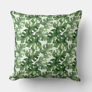 Green monstera tropical leaf cushion